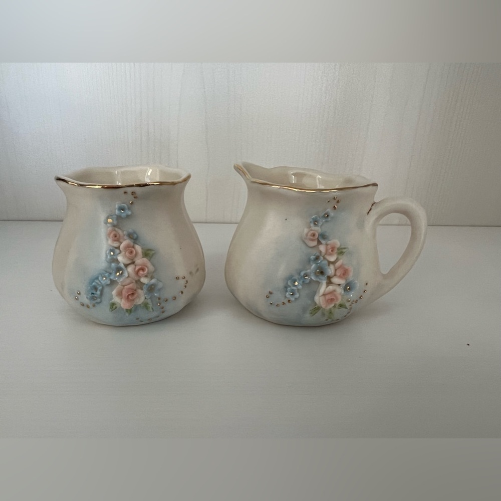 Pink Roses Ivory Creamer~ Sugar Bowl~ Signed M Mickelson Vintage.